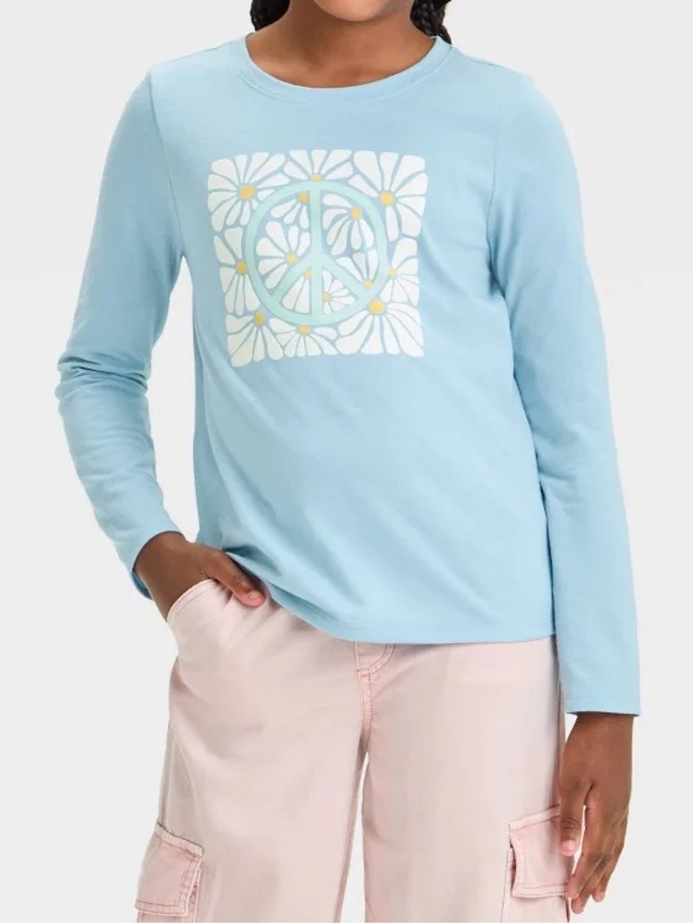 Cat & Jack Girls’ Long Sleeve Floral Peace Graphic Shirt - Dusty Blue